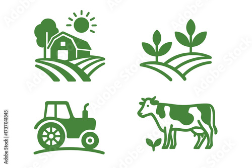 Set of agriculture and farming vector icons. Includes barn, field, tractor, and cow symbols for organic food, livestock breeding, and natural production concepts. Eco logo set.