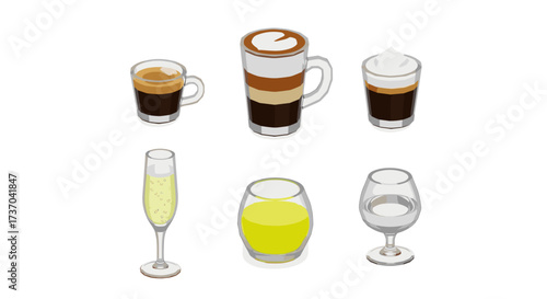 Vector art of collection of six different drinks in glasses