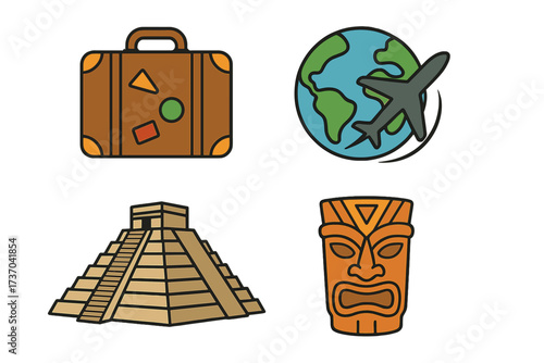 Travel icon set vector collection. World trip symbols with suitcase, airplane on globe, Mayan pyramid Chichen Itza and Hawaiian tiki mask. Tourism and vacation concept art.