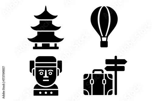 Travel icon set for tourism and journey concepts. Vector glyph collection including Korean Dol hareubang, Asian pagoda, hot air balloon, luggage, and a directional signpost.