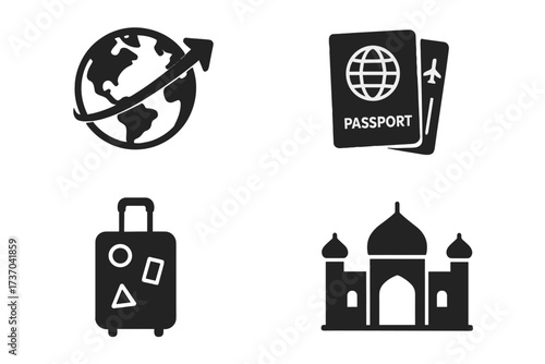 Travel icons set vector collection. Tourism & journey symbols. World globe, passport, flight ticket, luggage, India's Taj Mahal landmark. Vacation trip & holiday adventure concept.