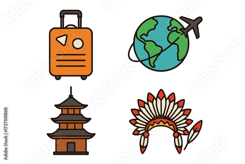 Travel icon set vector collection. World tour concept. Luggage, flight around globe, Asian pagoda building, Native American headdress. Vacation journey symbols. Culture tourism design.