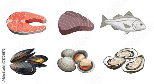 Vector art of assortment of fresh seafood including salmon steak, tuna steak, fish, mussels, clams, and oysters