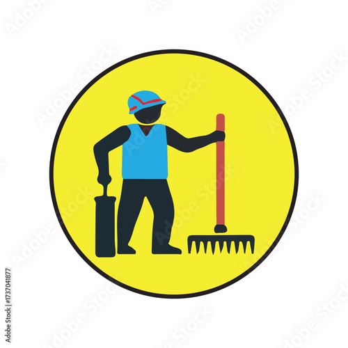 Illustration of a sanitation worker with tools, conveying cleanliness and hygiene in a circular