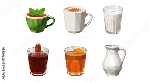 Vector art of collection of six different beverages in glasses and a pitcher