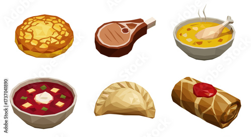 Vector art of collection of six different traditional russian dishes