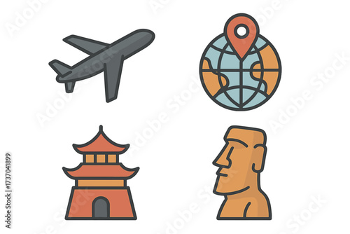 Travel icons set. World landmarks. Global tourism. Airplane flight. Globe destination. Asia pagoda temple. Easter Island Moai statue. Vector vacation symbol collection.
