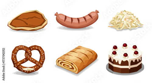 Vector art of collection of german food items including a pretzel, sausage, cake, and strudel