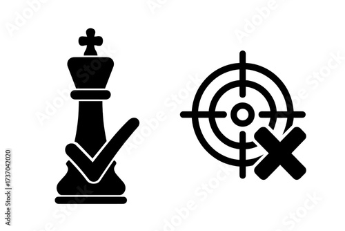 Strategic choice and decision making vector icons. Checkmate success with chess king and check mark. Wrong goal or failed target symbol. Business metaphor for winning strategy.