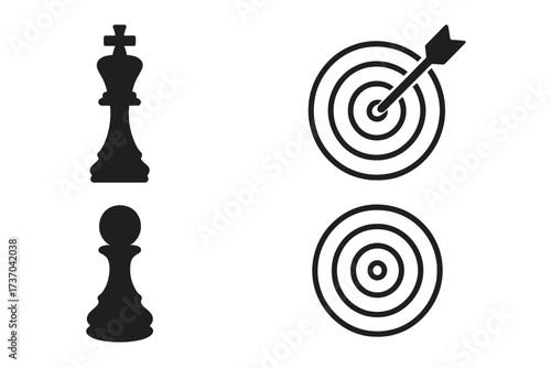 Business strategy vector icon set. Chess king and pawn pieces with target and arrow. Metaphor for goal achievement, success, victory, leadership, competition, and checkmate.