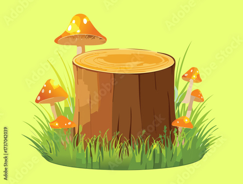 Simple cartoon illustration of yellow and orange wild mushrooms growing on a tree stump in a bright autumn field	