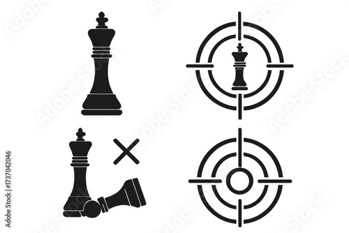 Chess strategy icon set. Checkmate concept with king piece in target. Business goal, success, and failure metaphor. Vector illustration of winning and losing the game.