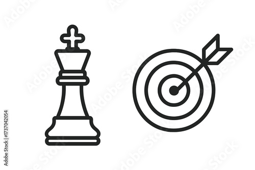 Business strategy and goal achievement concept. Chess king with target and arrow, symbolizing leadership, focus, and success. Vector icon for mission accomplished, checkmate.