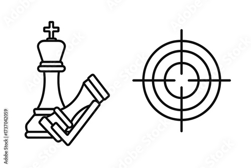Checkmate chess game and target line icon set. Business strategy, goal achievement concept. Symbol of success, victory, competition, and planning. Vector illustration.