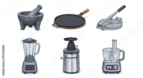 Vector art of collection of kitchen appliances and tools