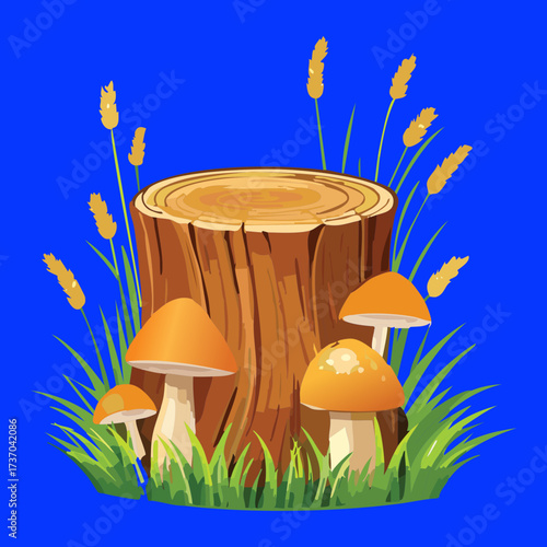 Warm autumn illustration of brown wild mushrooms nestled around a low, round wooden stump in tall grass	