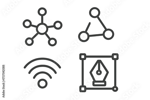 Vector icon set of connection and design. Thin line art symbols. Includes network hub, node links, wifi wireless signal, and pen tool for graphic design concepts.