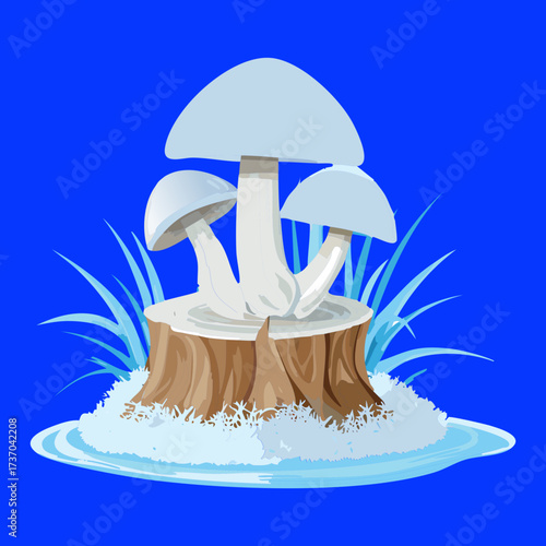Unique White Fungi with Dark Stems on a Tree Stump Against a Vibrant Blue Snowy Winter Background	