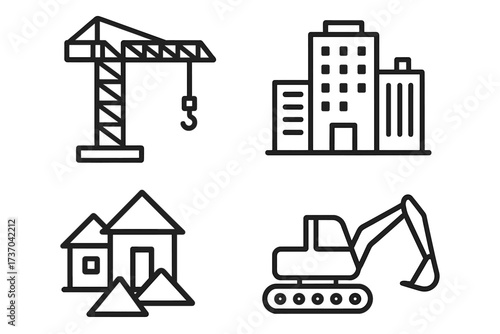 Construction vector icon set with crane, building, excavator, house symbols. Line art for architecture, industry, real estate development, engineering, and city building.
