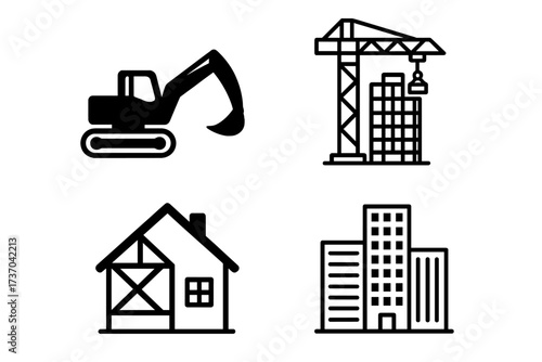 Construction icon set. Real estate development. Building industry vector symbols. Excavator, tower crane, house construction, city office buildings. Architecture engineering pictogram.