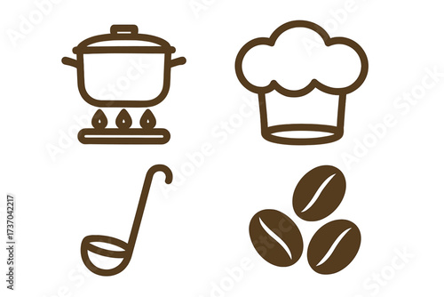 Cooking and kitchen icon set. Vector symbols for food, restaurant, and cafe. Includes chef hat, pot on stove, ladle, and coffee beans. Line art illustration for culinary design.