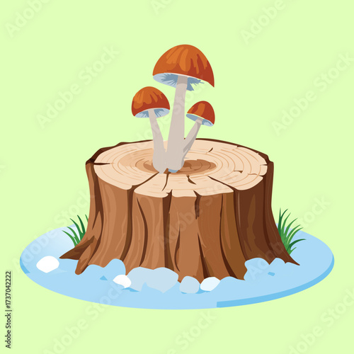Simple Illustration of Brown Fungi on a Tree Stump with Snow and a Bright Green Background for Design	