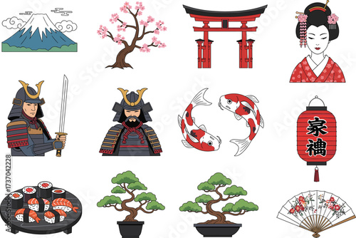 Japanese Icon Vector Illustration Set Traditional Culture Symbols