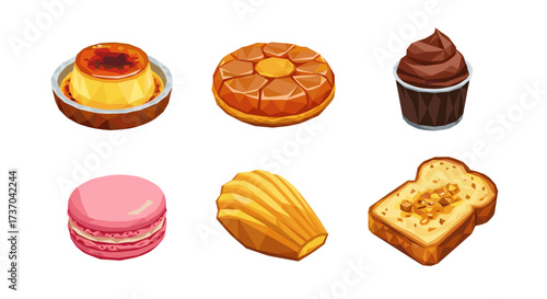 Vector art of collection of six different sweet pastries and desserts