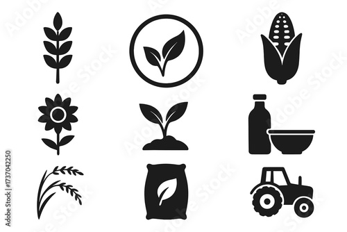Agriculture and farming icon set. Vector collection of farm elements. Wheat, corn, rice, tractor, and seedling symbols. Organic food, harvest, and ecology pictograms.