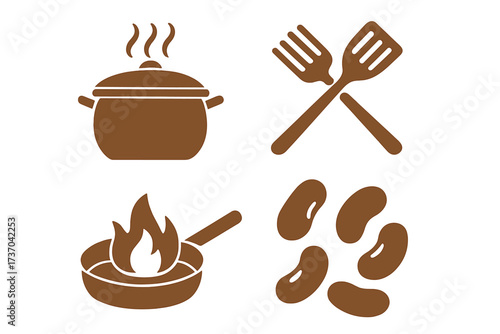 Cooking vector icon set. Kitchen utensils silhouette collection. Frying pan with fire, steaming pot, spatula, fork, and beans. Food preparation and gastronomy concept.