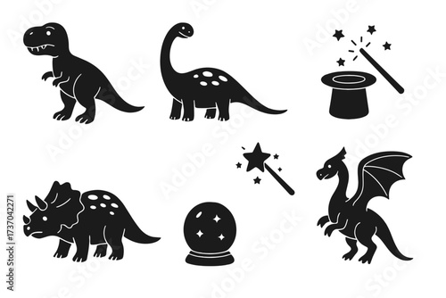 Dinosaur and magic icon set vector illustration. Cute collection of fantasy silhouettes. T-rex, triceratops, dragon, magic wand, crystal ball. Black simple glyph icons.