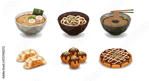 Vector art of collection of japanese food dishes including ramen, udon, gyoza, takoyaki, and okonomiyaki