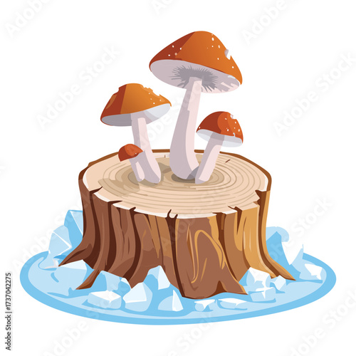 Group of Brown-Capped Fungi on a Weathered Tree Stump in a Snowy Winter Forest Landscape Illustration	