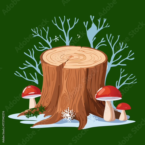 Deep Forest Scene with Red Fungi Growing on a Tree Stump in a Dark Green Winter Landscape Illustration	
