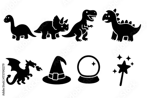 Dinosaur and magic vector icon set. Fantasy silhouette collection with dragon, wizard hat, crystal ball, magic wand, t-rex, triceratops. Cute cartoon dino glyphs for design.