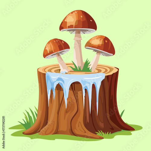 Bright Amanita Mushrooms Covered in Ice and Snow on a Tree Stump in a Frozen Winter Landscape Illustration	