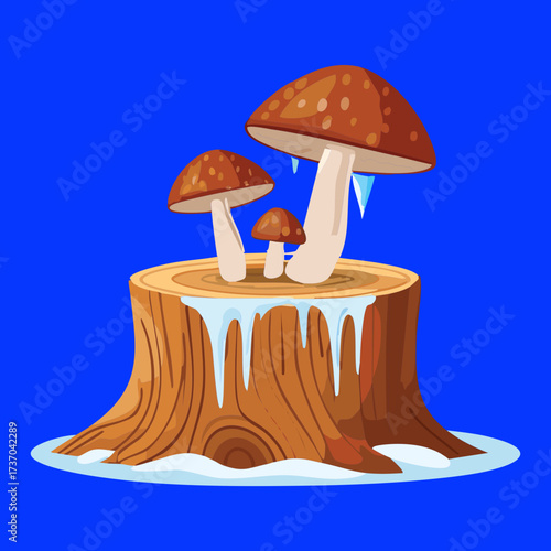 Two-Toned Brown and White Fungi Clustered on a Large Tree Stump Against a Vibrant Blue Backdrop	