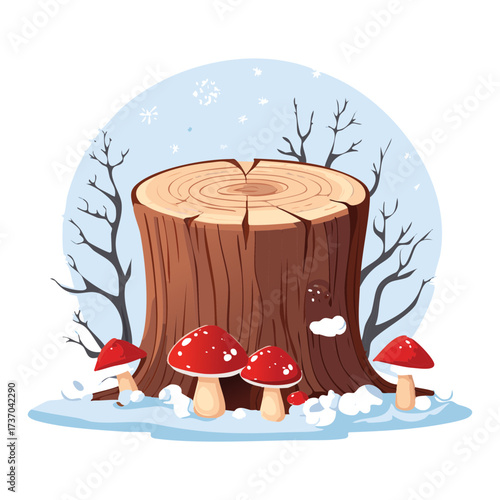Variety of Mushrooms and Fungi Surrounding a Tree Stump in a Snowy Winter Forest Scene Illustration	