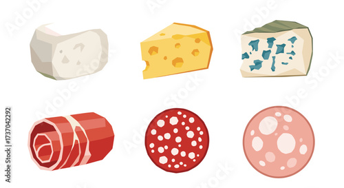 Vector art of a collection of cheeses and cured meats, isolated on a