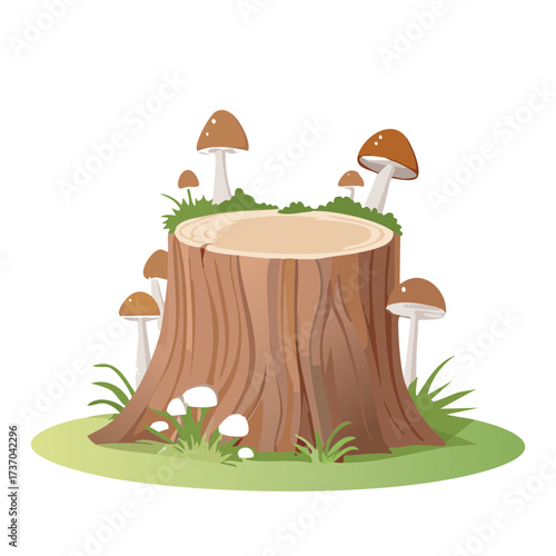 A Few Small Wild Mushrooms on a Tree Stump in a Sunny Clearing with Green Grass Illustration	