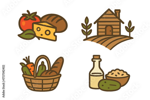 Vector design of fresh farm food and homemade products logo set with bread, cheese, vegetables, basket, rustic house, natural ingredients, wholesome harvest, organic lifestyle