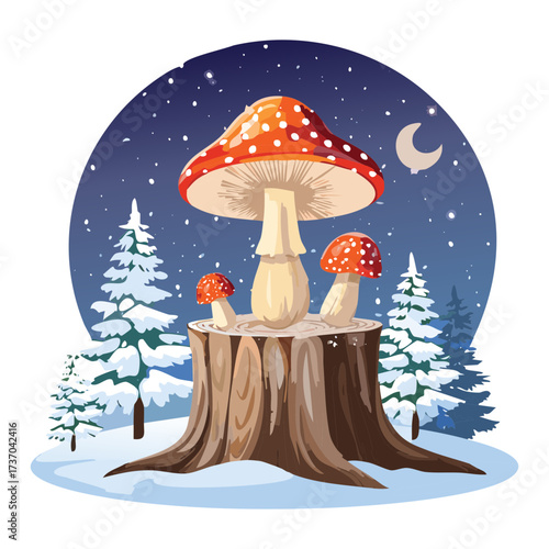 A tiny cluster of wild forest mushroom colonies thrive with vibrant green moss and delicate undergrowth plant life, bathed in soft morning light	