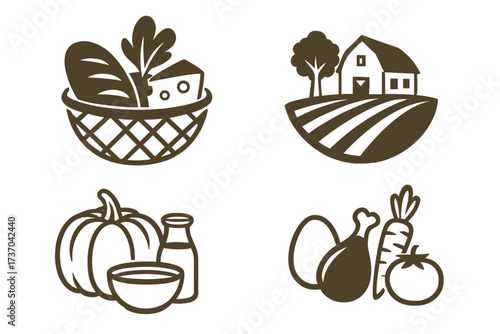 Rustic farm food and homemade basket logo collection with fresh vegetables, dairy, poultry, pumpkin, and homestead farm icon set, vector illustration design