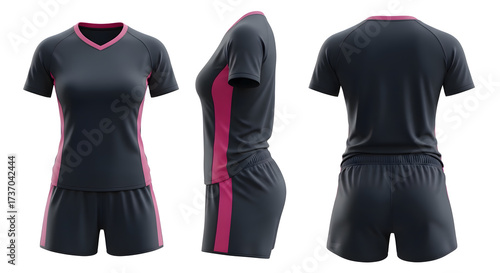 Women volleyball sport jersey and shorts navy with slim pink side stripe, V-neck design, isolated mockup template, breathable polyester activewear for training and matches.