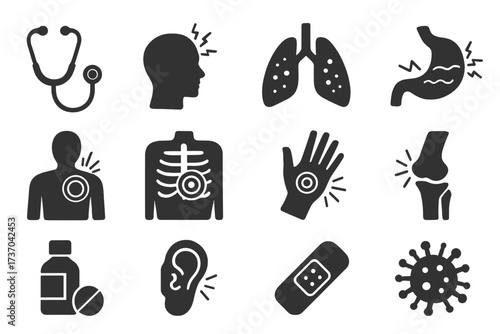 Vector design of medical and pain icons collection, disease and health symptoms symbols, healthcare diagnostics, treatment, human anatomy pain points, transparent background
