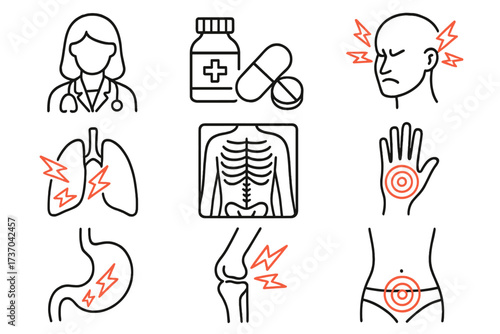 Medical icons vector set including doctor, medication, pain areas like headache, lung pain, stomach ache, joint pain, skeletal x-ray, and targeted body pain illustration for health diagnosis and care