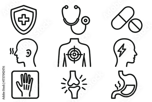 Vector set of medical and pain icons including health shield, stethoscope, pills, headache, chest pain, brain lightning, hand X-ray, joint pain, and stomach ache with transparent background