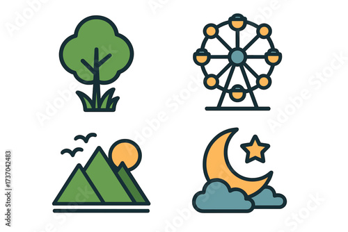 Vector design of nature and fun logo set with tree, Ferris wheel, mountains, sun, moon, star, clouds, nature and entertainment icons collection, transparent background, ordered set