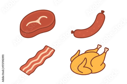 Vector design of meat and poultry products set with steak, sausage, bacon, and whole chicken illustration for food, agriculture, and cooking concepts, transparent background