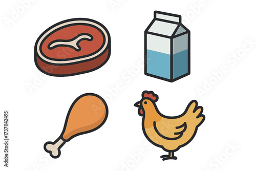 Vector design of agricultural products and poultry set with meat steak, chicken drumstick, milk carton, and live chicken farm vector illustration transparent background ordered set for web